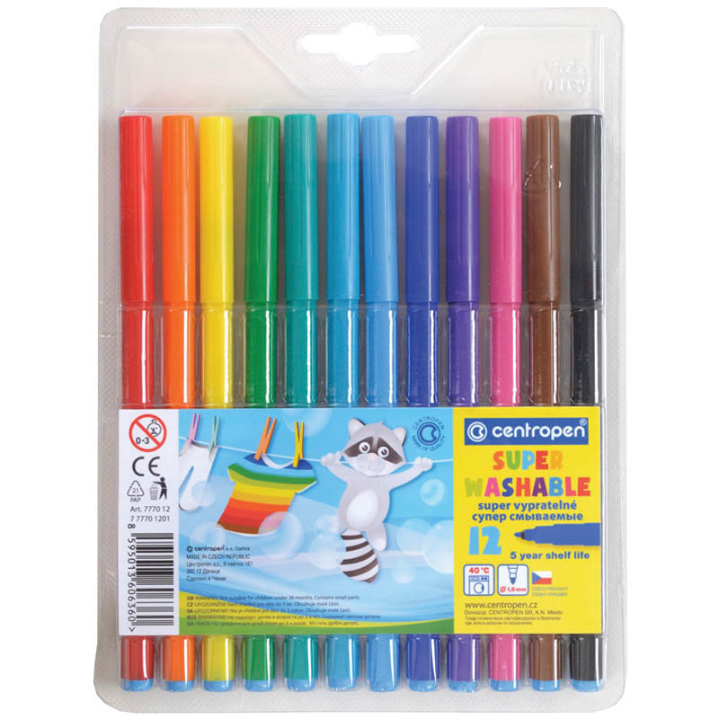 Фломастеры Centropen "Super Washable", 12цв., смываемые, блистер