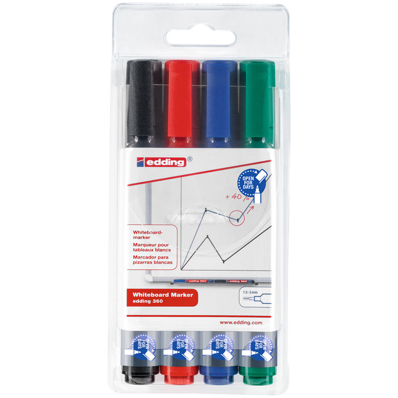 Набор маркеров для белых досок Edding "360" 4цв., пулевидный, 1,5-3,0мм, чехол с европодвесом