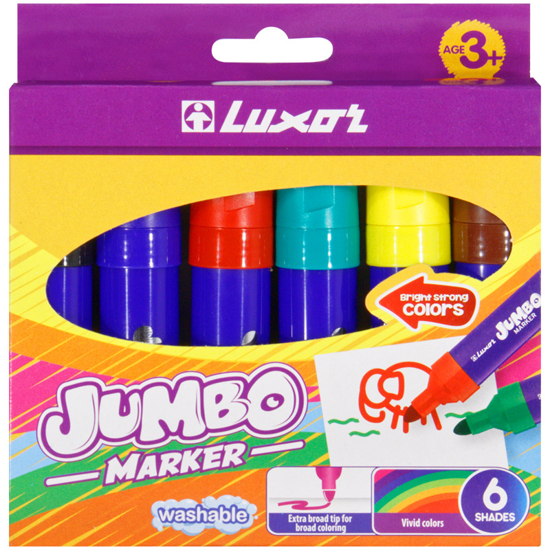Фломастеры Luxor "Jumbo", 06цв., утолщенные, смываемые, картон, европодвес