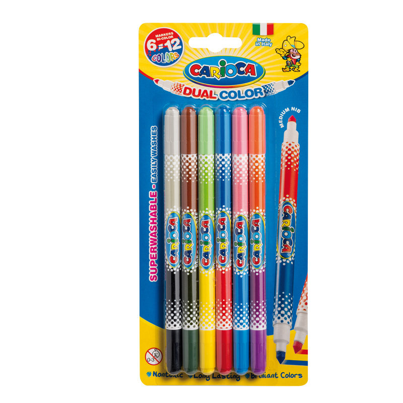 Фломастеры двусторонние Carioca "Bi-Color", 12цв., 6шт., двуцветные, смываемые, блистер, европодвес