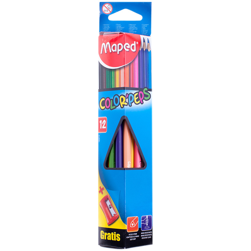 Карандаши цветные Maped "Color Peps", 12цв., трехгран., заточен., картон, европодвес, с точилкой