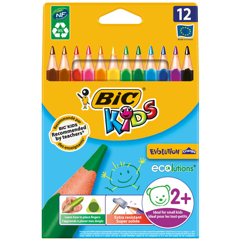 Карандаши цветные пластиковые Bic "Evolution Triangle" 12цв., утолщ.,трехгран., заточ.,картон,европ.