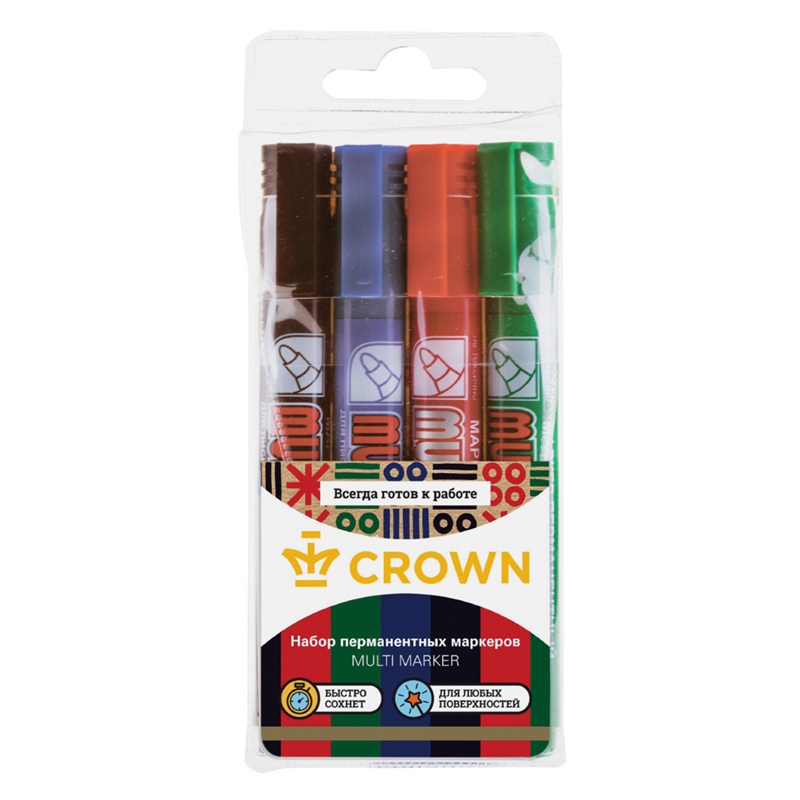 Набор перманентных маркеров Crown "Multi Marker" 4цв., пулевидный, 3мм, чехол с европодвесом